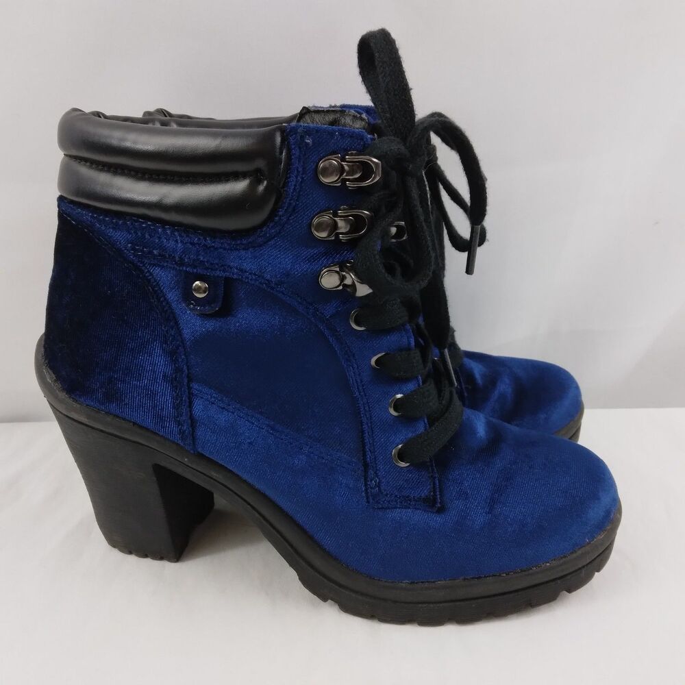 Joe Boxer Boots Allyn Blue Velvet Chunky Heel Ankle Shoes Goth Witchy Womens 8